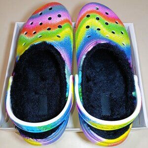 Classic Unisex Spray Rainbow Tye Dye Black Fur Lined Crocs Clogs Size M/8 - W/10